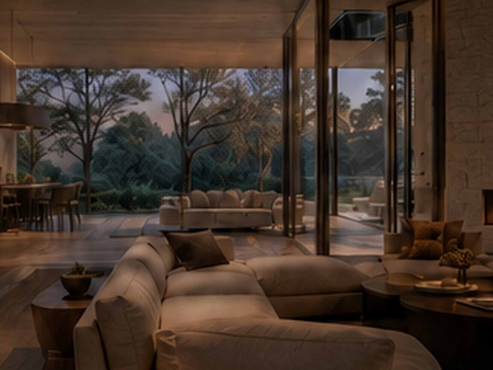 Warm contemporary living room with expansive glass walls and a quiet fireplace