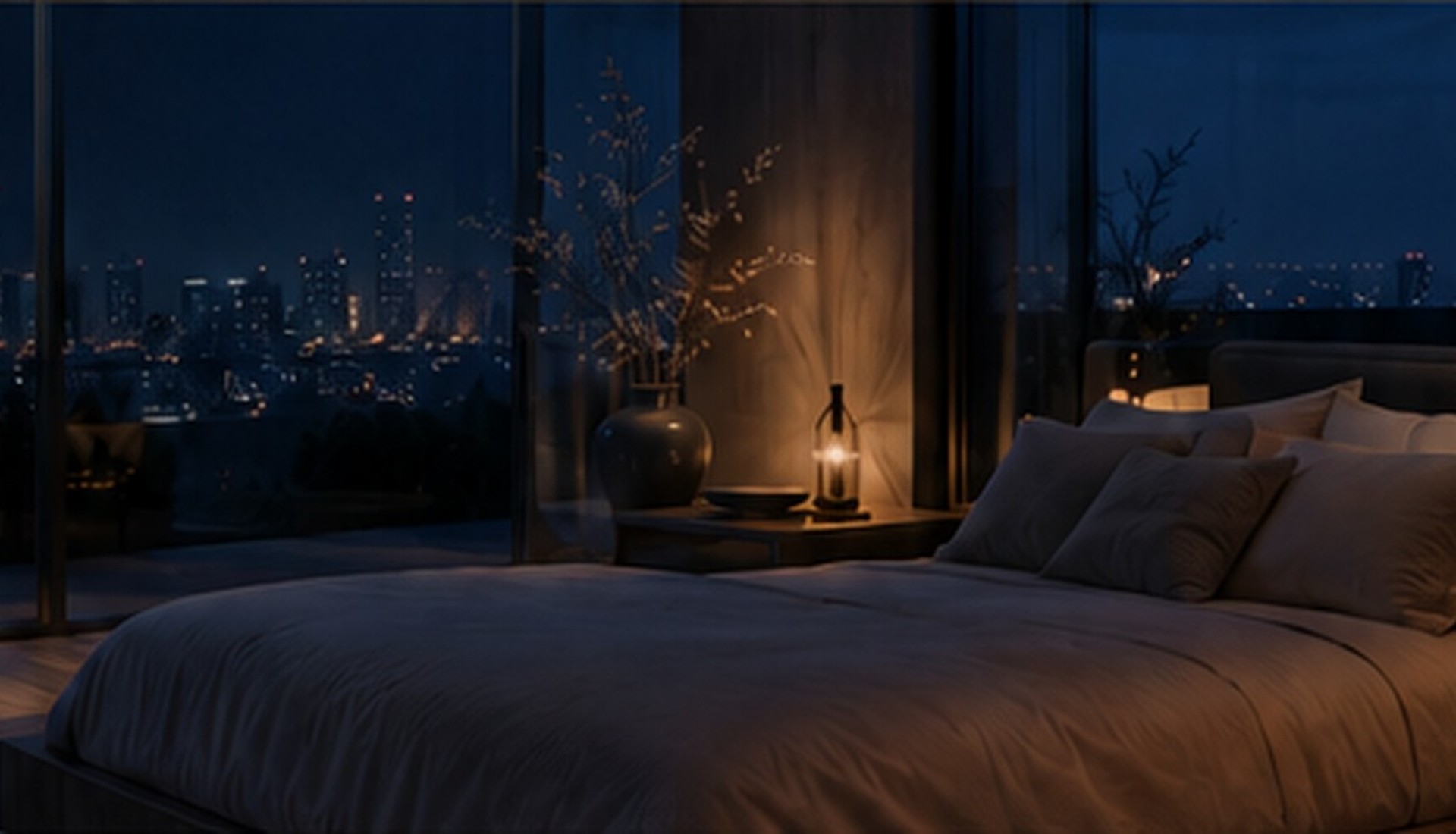 Quiet luxury bedroom overlooking city lights at night